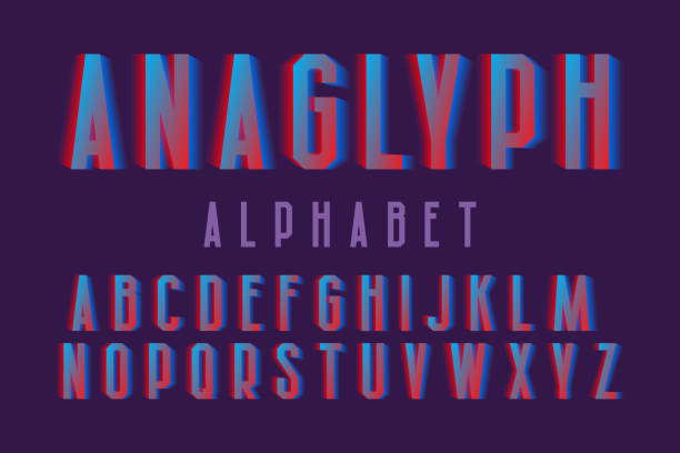 anaglyph alphabet. cyan rot lebendige schrift. isoliertes englisches alphabet. - anaglyph stock-grafiken, -clipart, -cartoons und -symbole