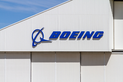 Victorville, CA / USA – March 27, 2017: The Boeing Company’s logo on wall of a building at the Southern California Logistics Airport in Victorville, California.