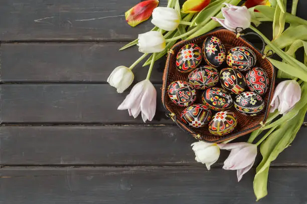 Photo of Easter eggs decorated with wax resist technique