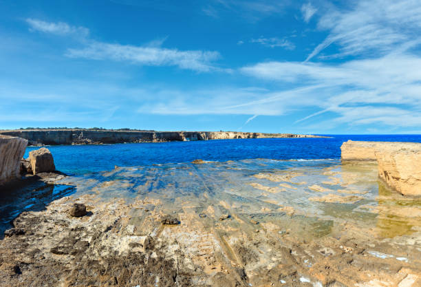 Stone geological structures on Massolivieri  summer sea coast (Siracusa, Sicily, Italy). Two shots stitch high-resolution panorama.