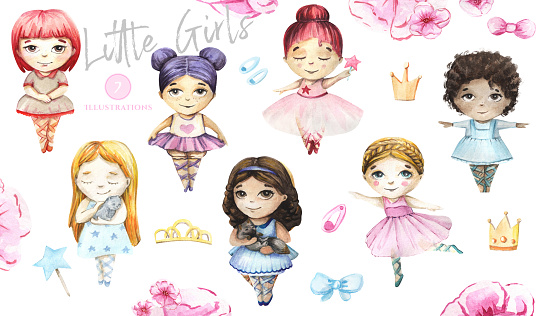 Beautiful girls with different characters with bright clothes. Watercolor illustration.