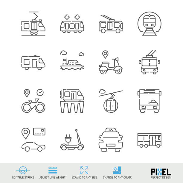 ilustrações de stock, clip art, desenhos animados e ícones de vector line icon set. public transport related linear icons. city vehicles symbols, pictograms, signs - ideogram