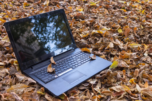 Old broken laptop thrown on a street in a park in autumn foliage