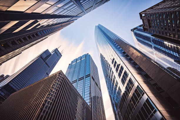 istock Modern skyscrapers in business district at sunset 1139081280