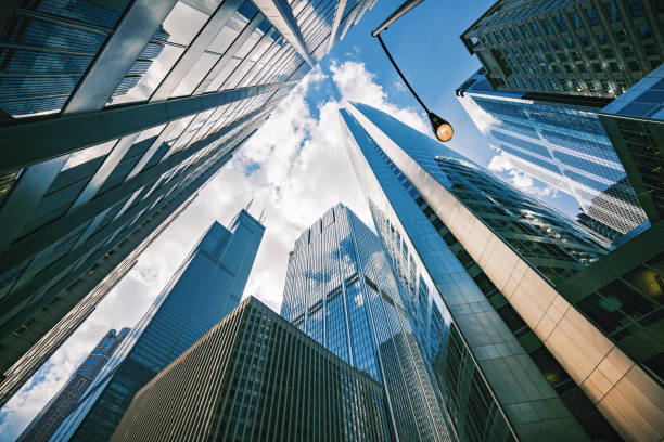 istock Modern skyscrapers in business district at sunset 1139081286
