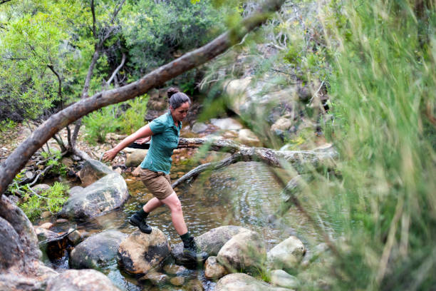 istock Female Explorer Jumping Over Rocks In Riverbed 1139082282