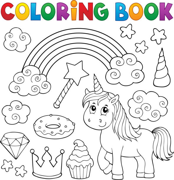 Coloring book unicorn and objects 1 vector art illustration
