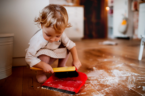 Una niña pequeña con cepillo y polvo que barre el suelo en la cocina en casa. photo