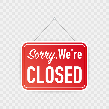 Sorry we're closed hanging sign on white background. Sign for door. Vector illustration.
