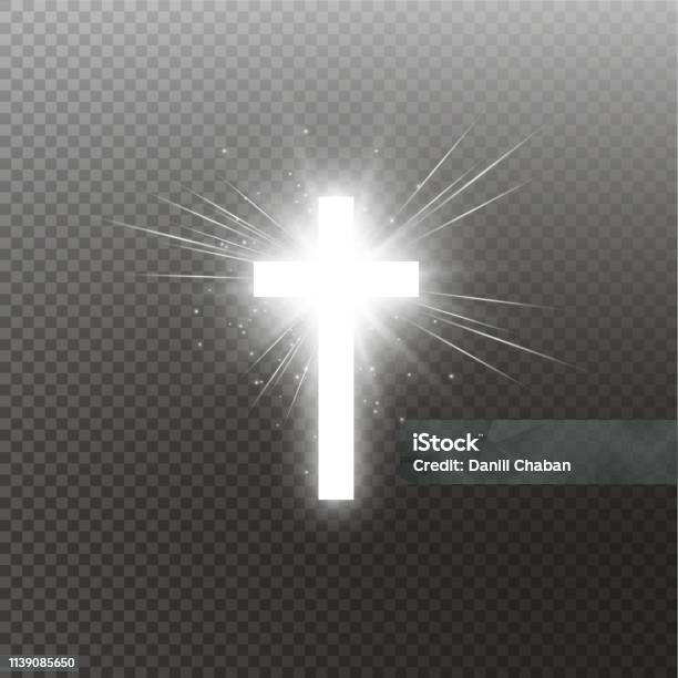 Shining White Cross And Sunlight Special Lens Flare Light Effect On Transparent Background Glowing Saint Cross Vector Illustration Stock Illustration - Download Image Now