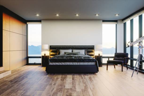 modern luxury bedroom with ocean view - contemporary bed luxury hotel room imagens e fotografias de stock