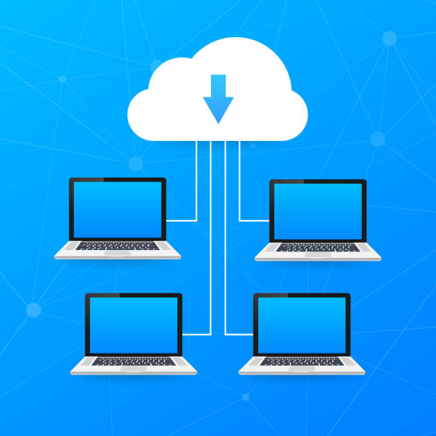 illustrations, cliparts, dessins animés et icônes de concept de cloud computing. divers appareils comme smartphone, ordinateur portable sont connectés au cloud. illustration vectorielle - data mobility downloading digital tablet