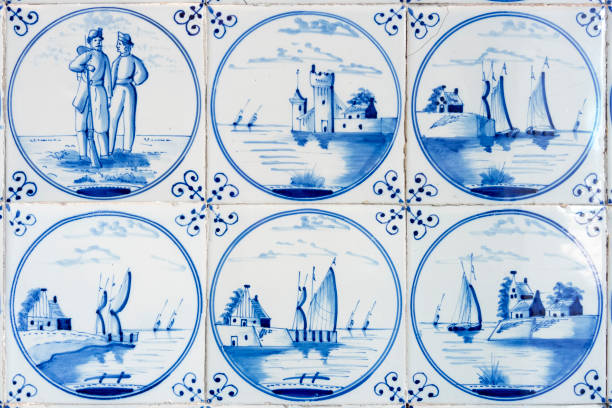 seis azulejos típicos azules de delft - delftware fotografías e imágenes de stock