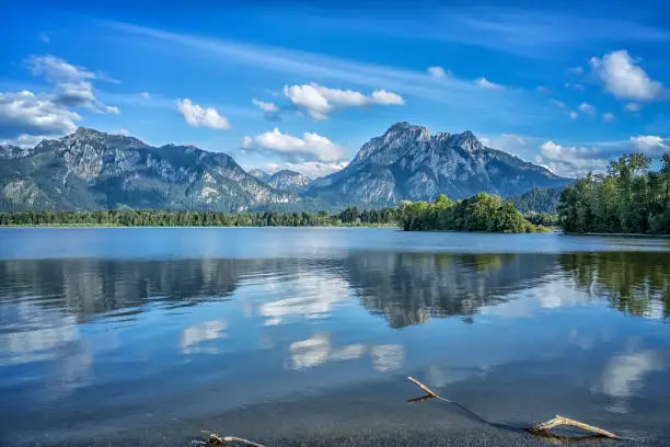 An image of a view to Neuschwanstein at Forggensee lake