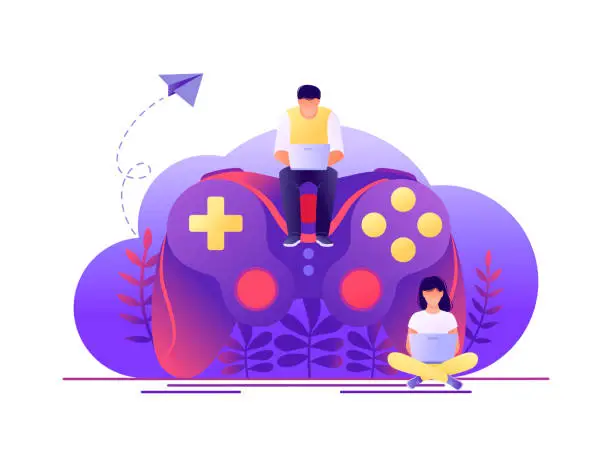 Vector illustration of Video game, playing online. Large gamepad with sitting tiny people characters. Flat concept vector illustration for web page, banner, presentation.