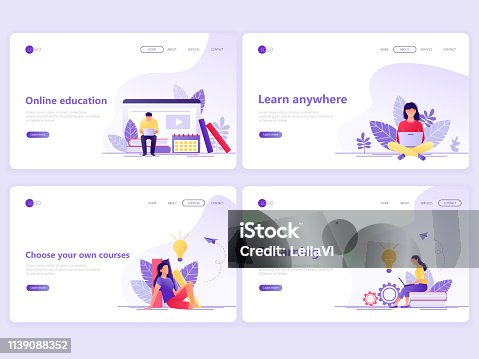 istock Set of Landing page templates. Distance education, online courses, e-learning, tutorials. Flat vector illustration concepts for a web page or website. 1139088352