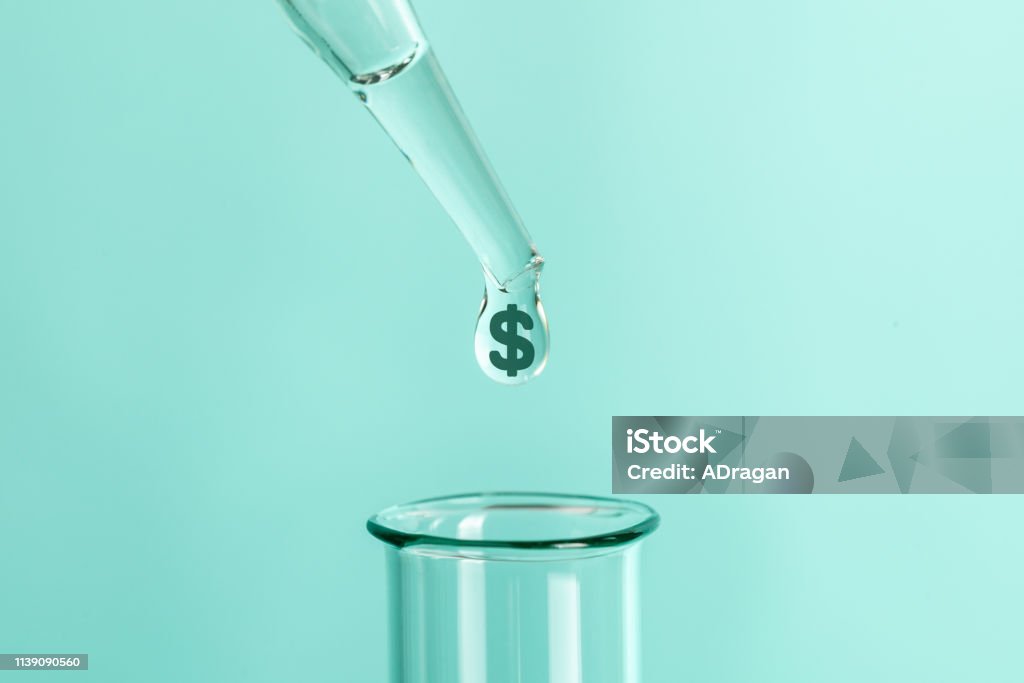 Expensive laboratory tests and analyzes. From pipette drops feces with symbol of money dollars into test tube Expensive laboratory tests and analyzes. From pipette drops feces with symbol of money dollars into test tube. Investment Stock Photo