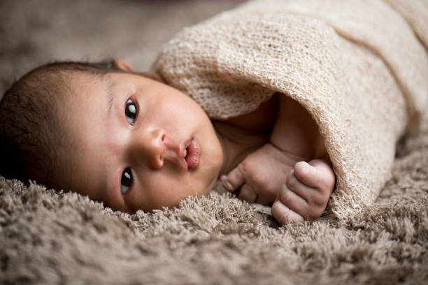 istock Newborn baby wrapped in fur blanket 1139090613