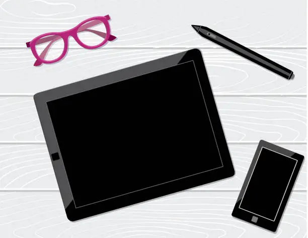 Vector illustration of Overhead Desk Mockup With Tablet, Stylus And Glasses