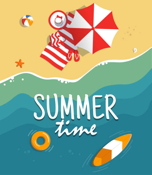 ilustraciones, imágenes clip art, dibujos animados e iconos de stock de vista aérea de la playa de verano - handmade umbrella