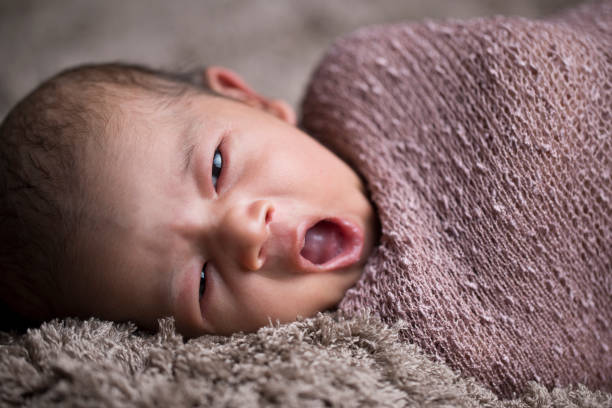 bébé nouveau-né enveloppé dans la couverture de fourrure - baby yawning asian ethnicity newborn photos et images de collection