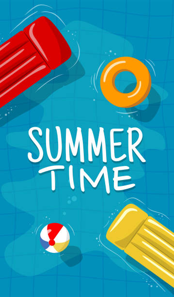 Swimming pool top view background Swimming pool top view background. Rubber ring and raft floating on water. Vector illustration in flat style inflated pool stock illustrations