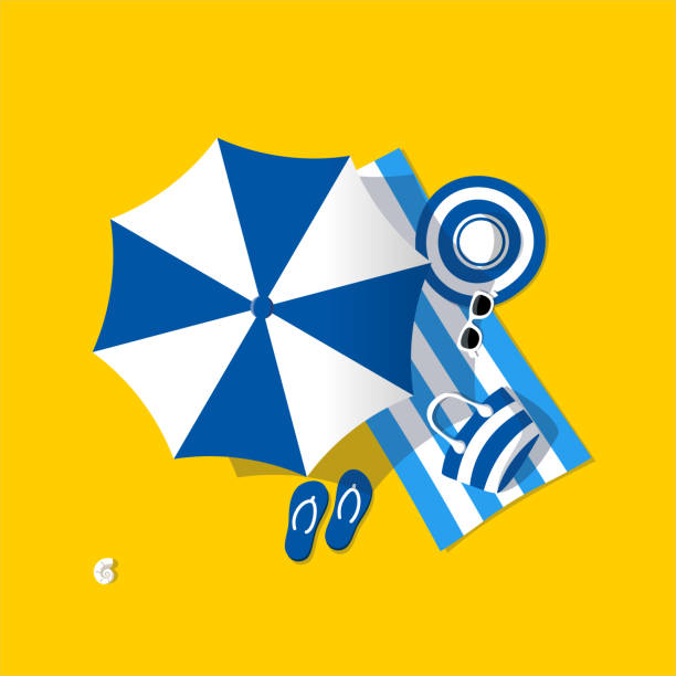 Blue beach umbrella Blue beach umbrella. Aerial view of summer beach. Holiday on sea sand. beach day stock illustrations
