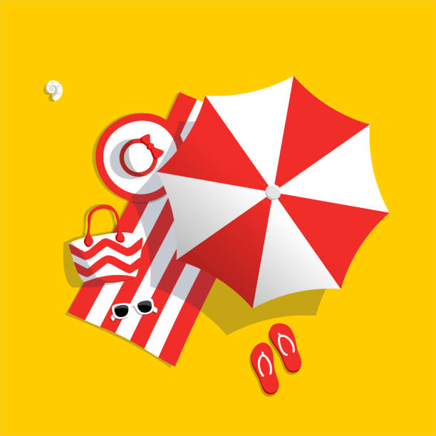 Aerial view of summer beach Red beach umbrella. Aerial view of summer beach. Holiday on sea sand. shoe design template stock illustrations