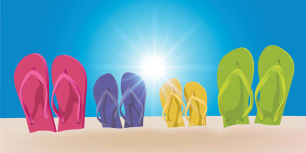 illustrazioni stock, clip art, cartoni animati e icone di tendenza di concetto di vacanza con le infradito di una famiglia piantata nella sabbia. - jelly shoe