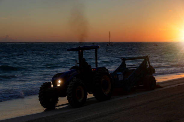 istock Tractor cleaning beach during sunrise. 1139096328