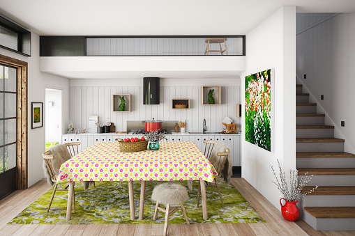 Digitally generated warm and cozy domestic kitchen and dining room interior with Easter decorations.

The scene was rendered with photorealistic shaders and lighting in Autodesk® 3ds Max 2016 with V-Ray 3.6 with some post-production added.