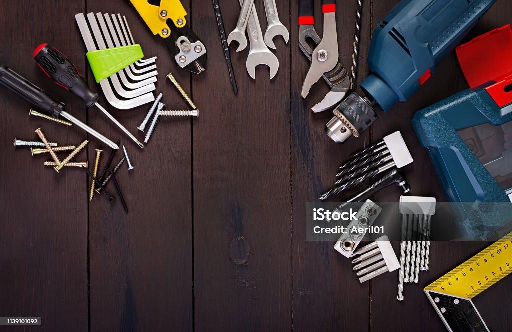 Rustic Tools Background Working Tools On Wooden Rustic Background Top View Copy Space Stock ...