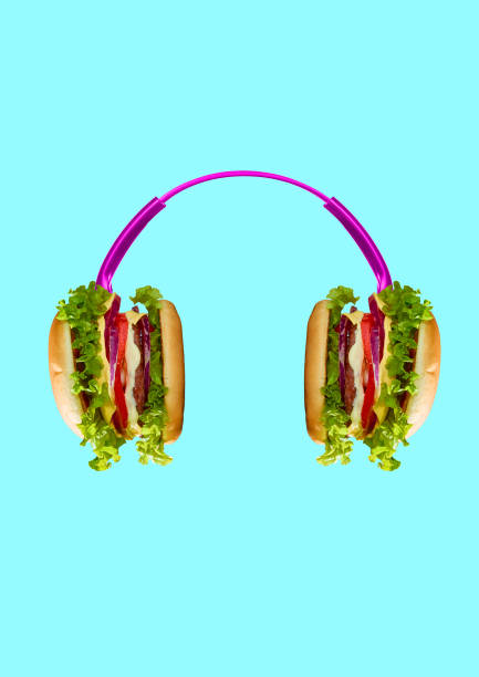 hamburger and headphones. modern design. contemporary art collage. - food staple audio imagens e fotografias de stock