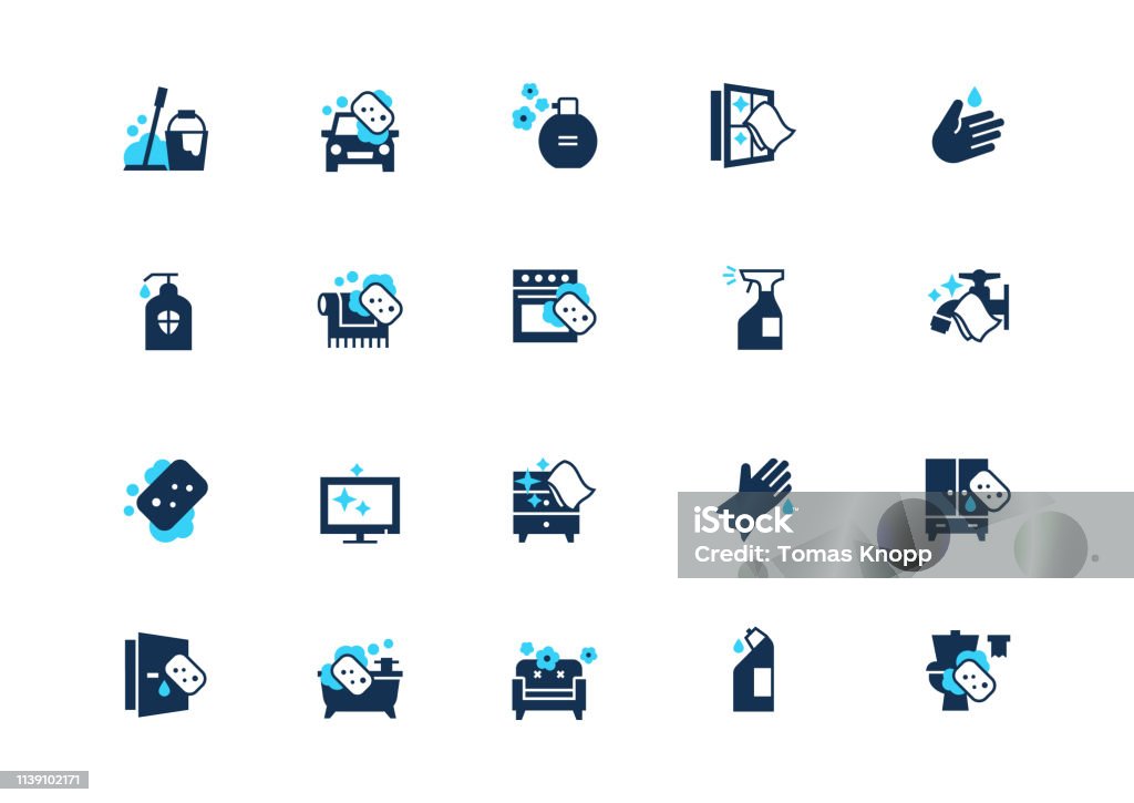 Set of cleaning icons with blue accent, isolated on light background Set of cleaning icons with blue accent, isolated on light background. Contains such icons: Floor cleaning, Toilet cleaning, Car washing, Window cleaning, Disinfectant and more. Icon Symbol stock vector