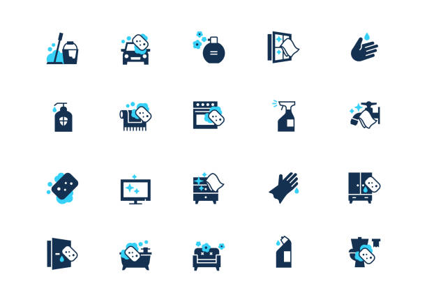 Set of cleaning icons with blue accent, isolated on light background Set of cleaning icons with blue accent, isolated on light background. Contains such icons: Floor cleaning, Toilet cleaning, Car washing, Window cleaning, Disinfectant and more. bucket and sponge stock illustrations