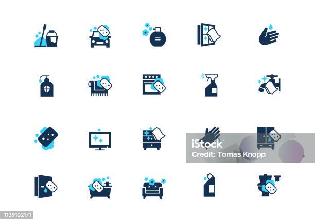 Set Of Cleaning Icons With Blue Accent Isolated On Light Background Stock Illustration - Download Image Now