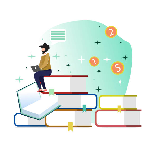 istock Vector illustration in a flat style. A man with a beard sitting on a pile of books working on a laptop, against a background of bills and coins. 1139104763