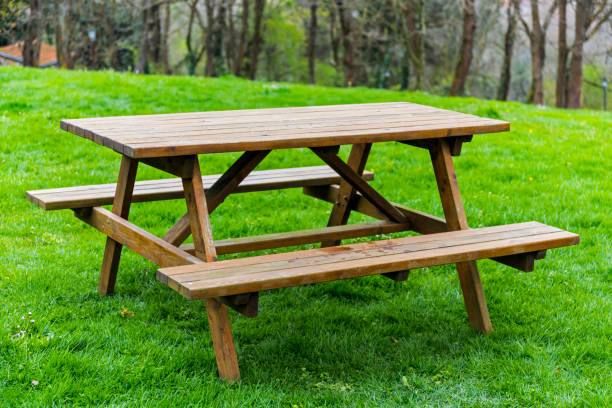 istock Wooden picnic table and bench in garden 1139106196