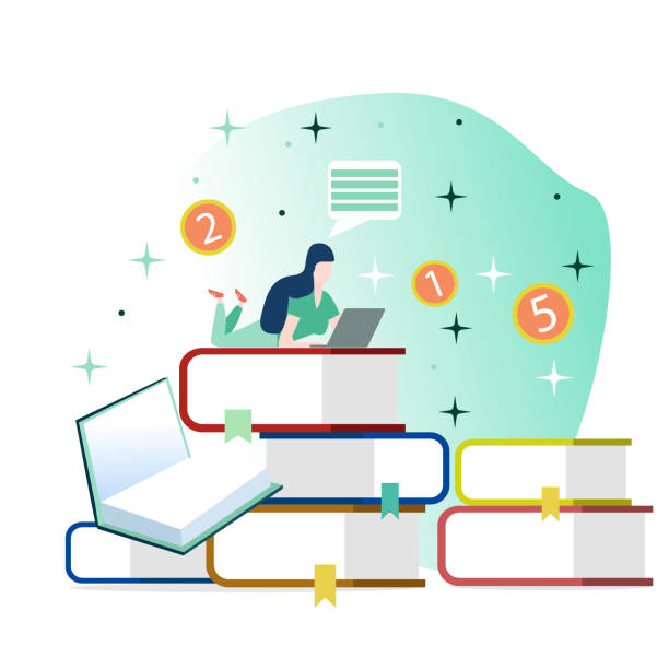 istock Vector illustration in a flat style. Girl lying on a pile of books working on a laptop, on a background of bills and coins. 1139106646