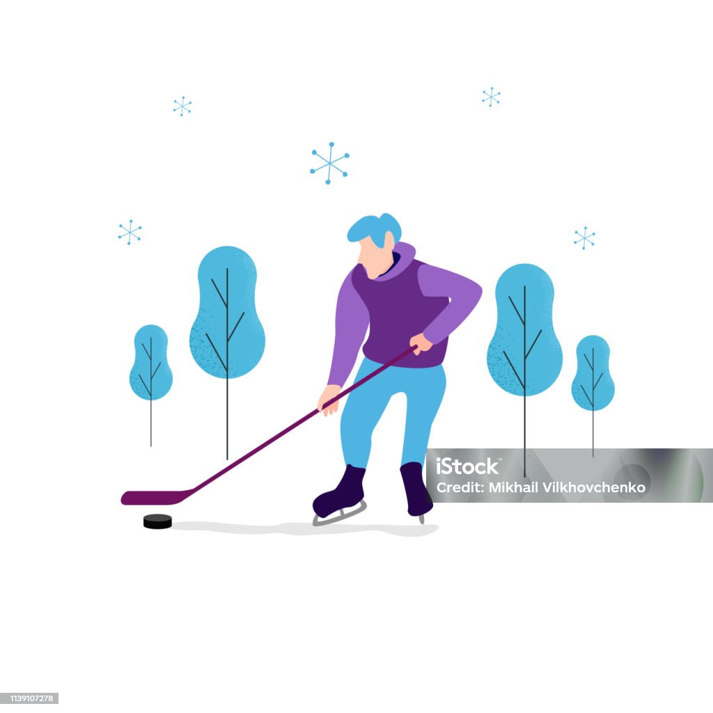 Vector image in flat style. Winter theme. A man with a hockey stick, in hockey equipment. Accuracy stock vector