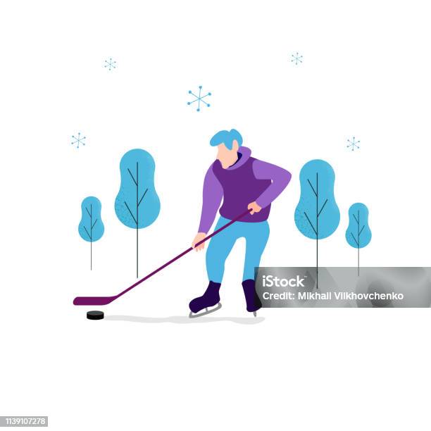 Vector Image In Flat Style Winter Theme A Man With A Hockey Stick In Hockey Equipment Stock Illustration - Download Image Now