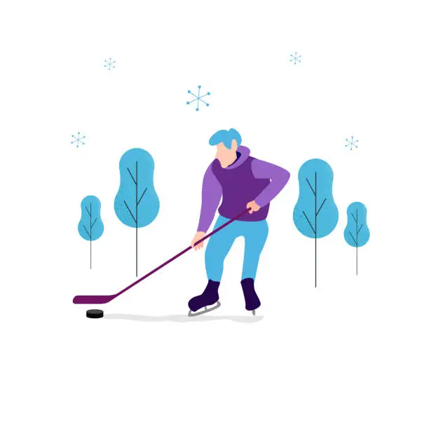Vector illustration of Vector image in flat style. Winter theme. A man with a hockey stick, in hockey equipment.