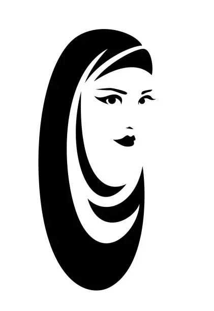 Vector illustration of woman wearing hijab head covering black vector outline