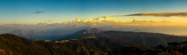 Dramatic landscape Kangchenjunga mountain panorama with colorful from sunlight at Sandakphu, north of India
