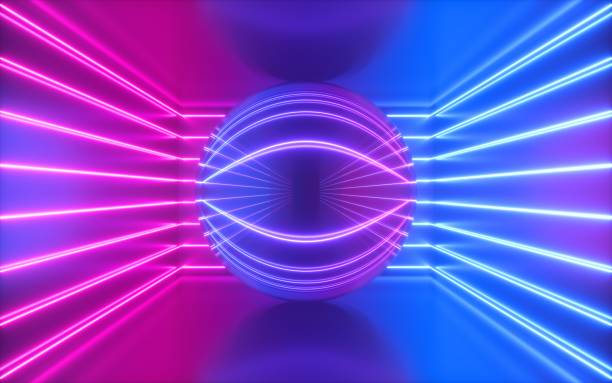 istock 3d render, pink neon lines, ball inside empty room, virtual space, ultraviolet light, 80's style, retro disco club interior, fashion show stage, abstract background 1139108752
