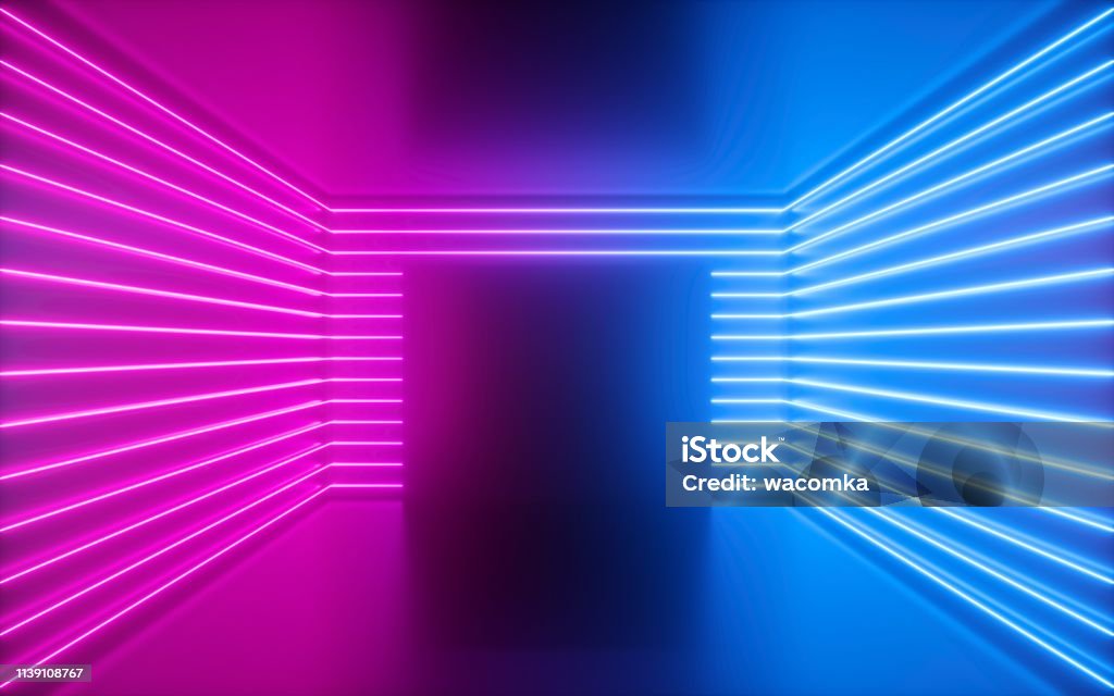 3d Rendering, rosa Neonlinien, quadratische Form im leeren Raum, virtueller Raum, ultraviolettes Licht, 80 Jahre Stil, Retro-Disco-Club-Interieur, Modenschau-Bühne, abstrakter Hintergrund - Lizenzfrei Arkade Stock-Foto