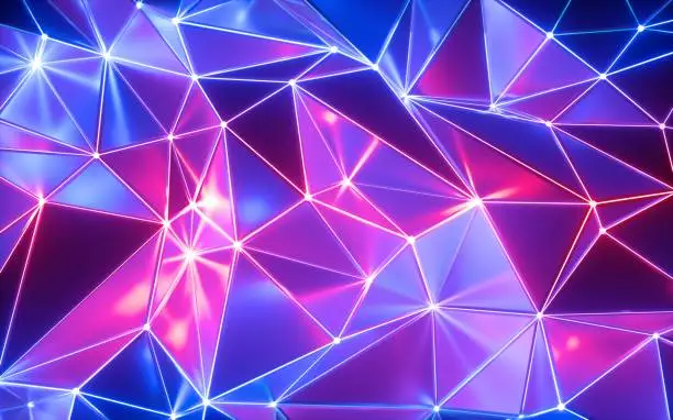 Photo of 3d render, abstract neon polygonal background, holographic mesh, crystallized texture