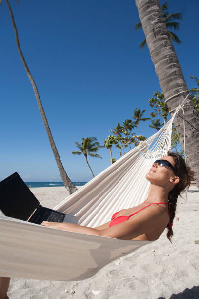 istock woman on the beach with a laptop 1139111505