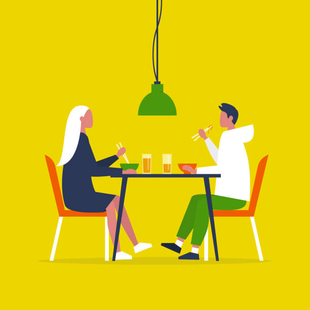Young couple eating ramen with the chopstics. Date. Restaurant. Daily life. Flat editable vector illustration, clip art Young couple eating ramen with the chopstics. Date. Restaurant. Daily life. Flat editable vector illustration, clip art restaurant table side view stock illustrations