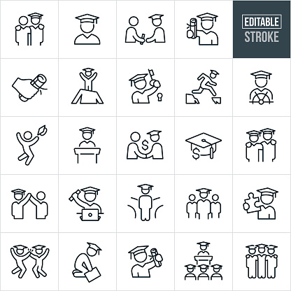 A set of graduates graduating icons that include editable strokes or outlines using the EPS vector file. The icons graduates, graduation day, graduates receiving diplomas, diploma, graduates wearing graduation caps and gowns, overcoming obstacles, graduation speech, commencement and other graduating students in different situations.